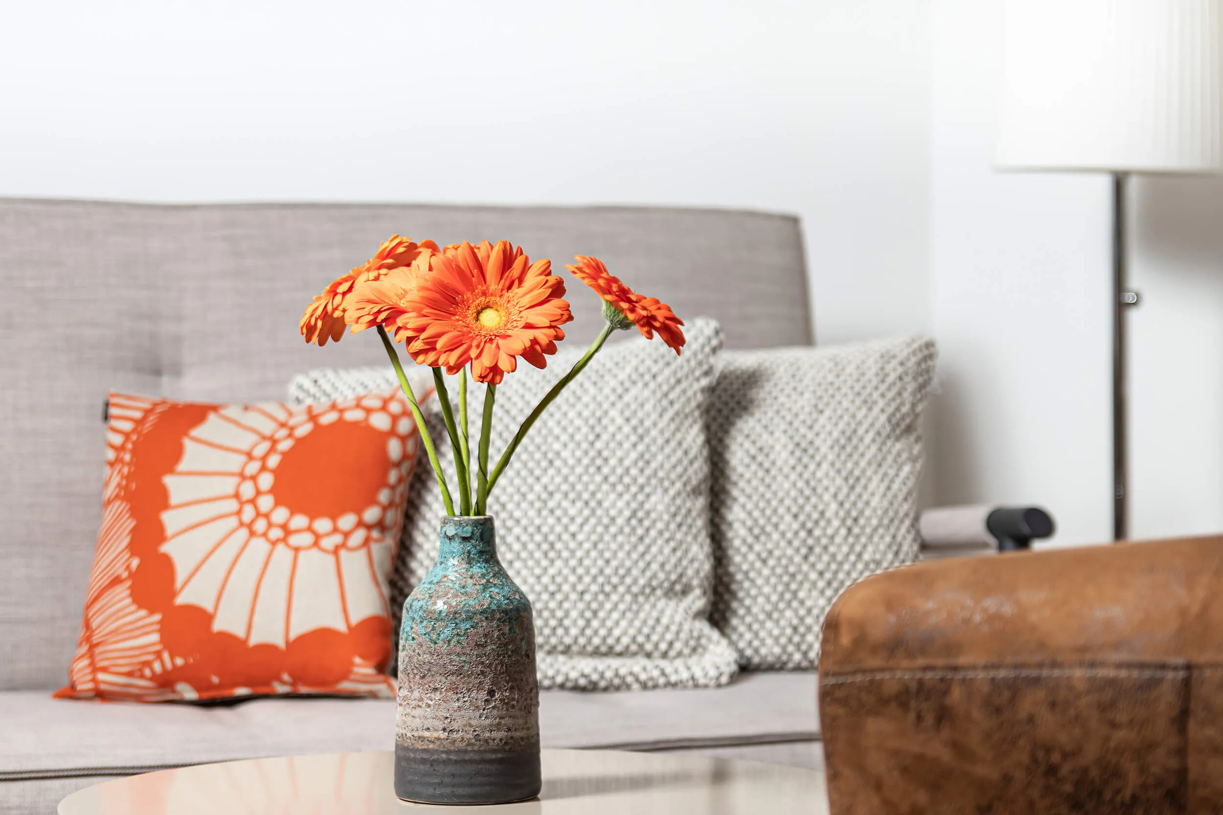 Orangefarbene Gerbera in einer Vase vor dem Sofa in der Praxis